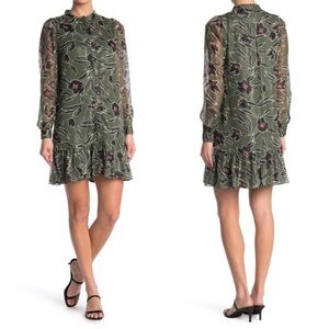 Walter Baker Green Heidi Floral Metallic Ruffled Shirt Dress